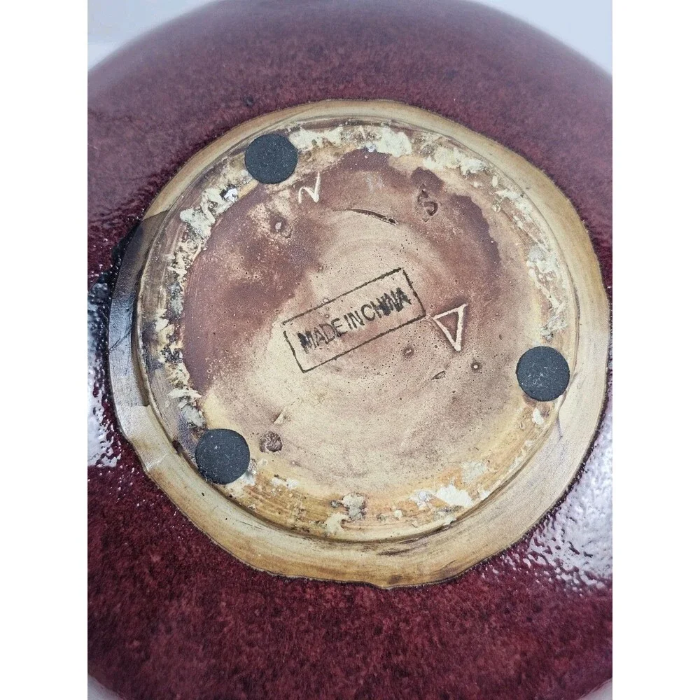 Vintage Oxblood Chinese Medallion Large Round Red Glossy Stoneware Vase
